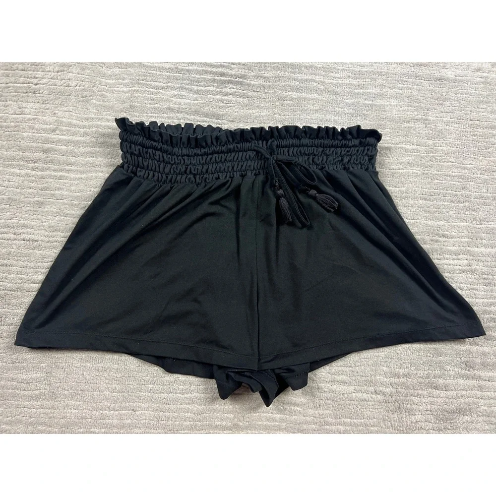 Hot Kiss Shorts Womens Medium Black Paperbag Smocked Waist Tassel Lounge Casual‎